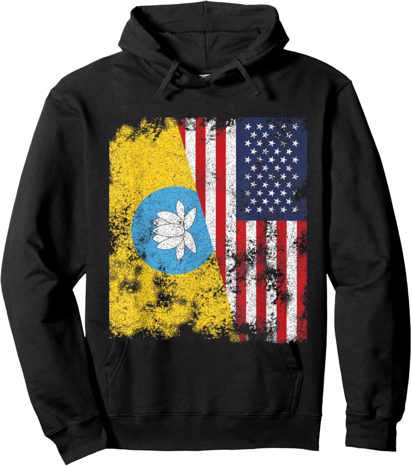 Kalmykia USA Flag Distressed - Half American Women Kids Men Hoodie - Hoodie | Black
