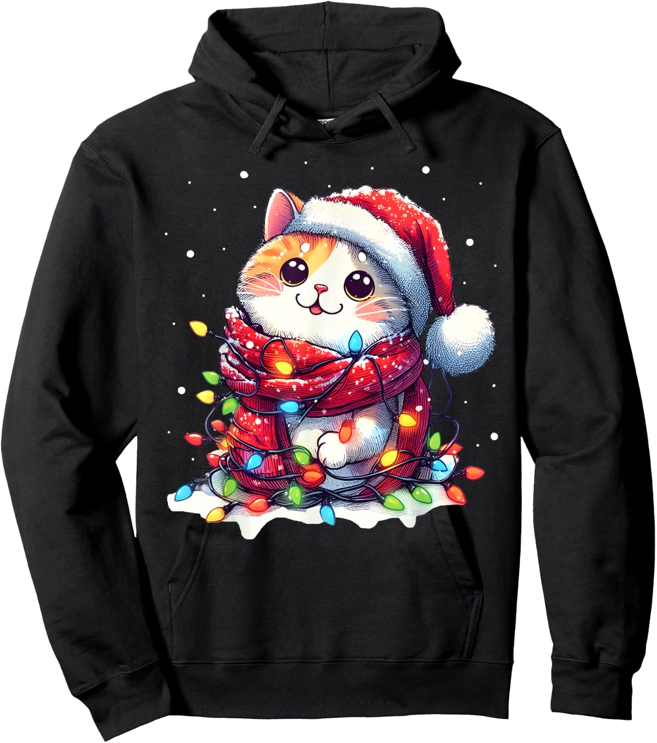 Funny Santa Cat Tangled Up in Christmas Lights Holiday Xmas Men Women Kids Hoodie - Hoodie | Black
