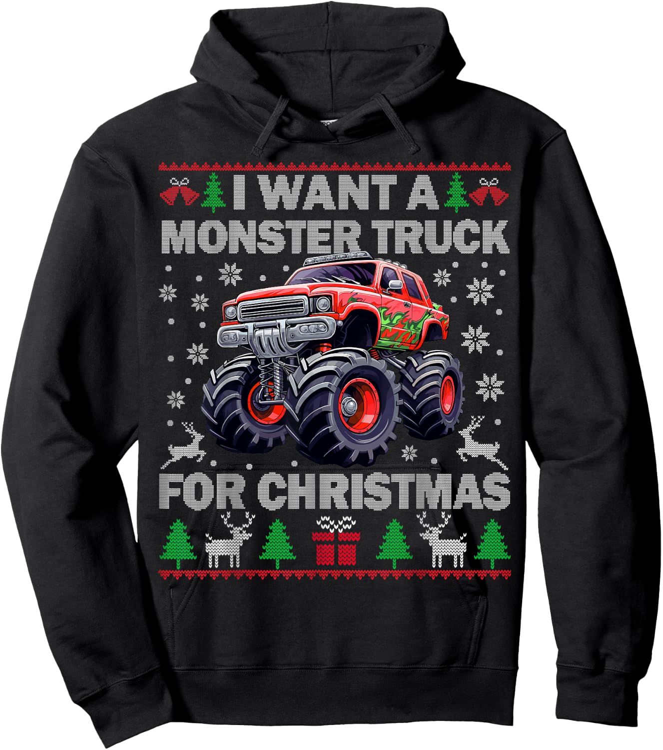 Kids I Want a Monster Truck for Christmas Ugly Sweater Truck Hoodie - Hoodie | Black