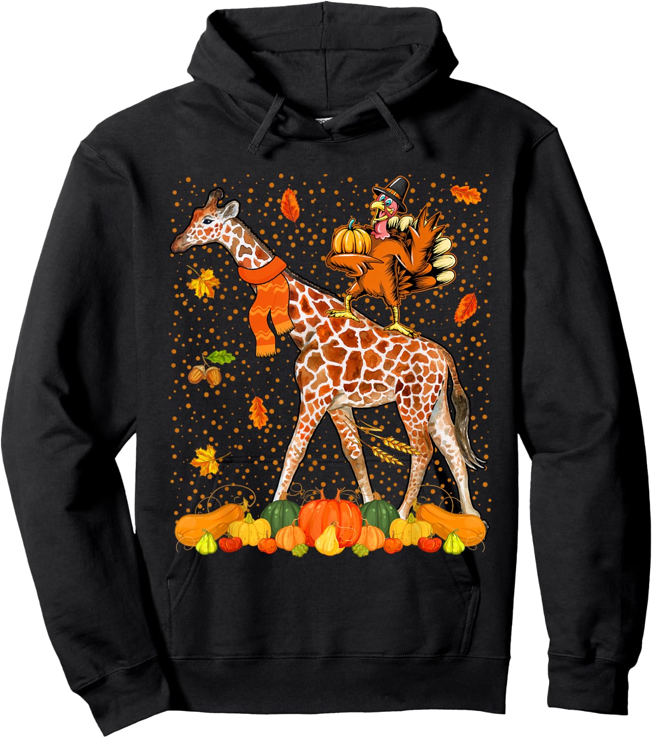 Wild Animal Thanksgiving Costume Thanksgiving Turkey Riding Giraffe With Fall Pumpkins -Adults Black Small Classic Fit Short Sleeve Cotton, Polyester Thanksgiving-themed Hoodie - Hoodie | Black
