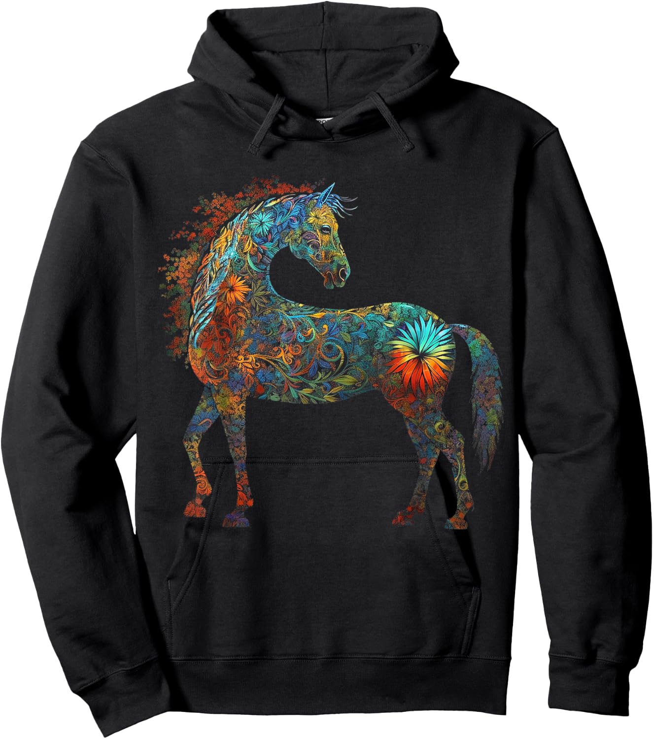 Horse Mandala Lover Artwork | Flowers Animal Motif Horse Hoodie - Hoodie | Black