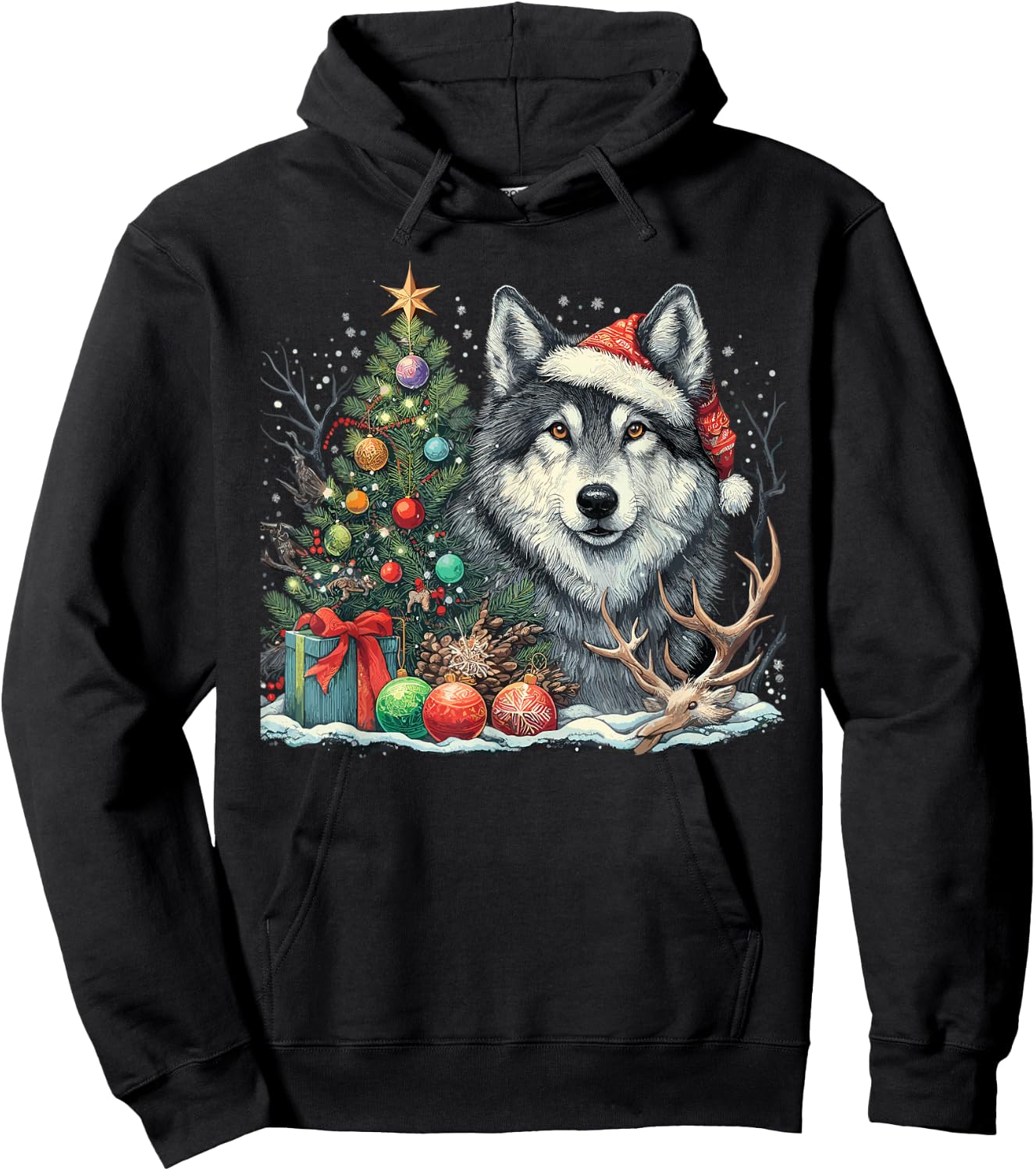 Cute Wolf With Christmas tree Wearing Santa Hat Hoodie - Hoodie | Black