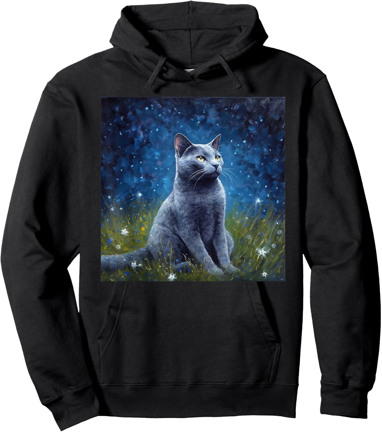 Cute Russian Blue Cat In A Starry Sky Night Painting Hoodie - Hoodie | Black