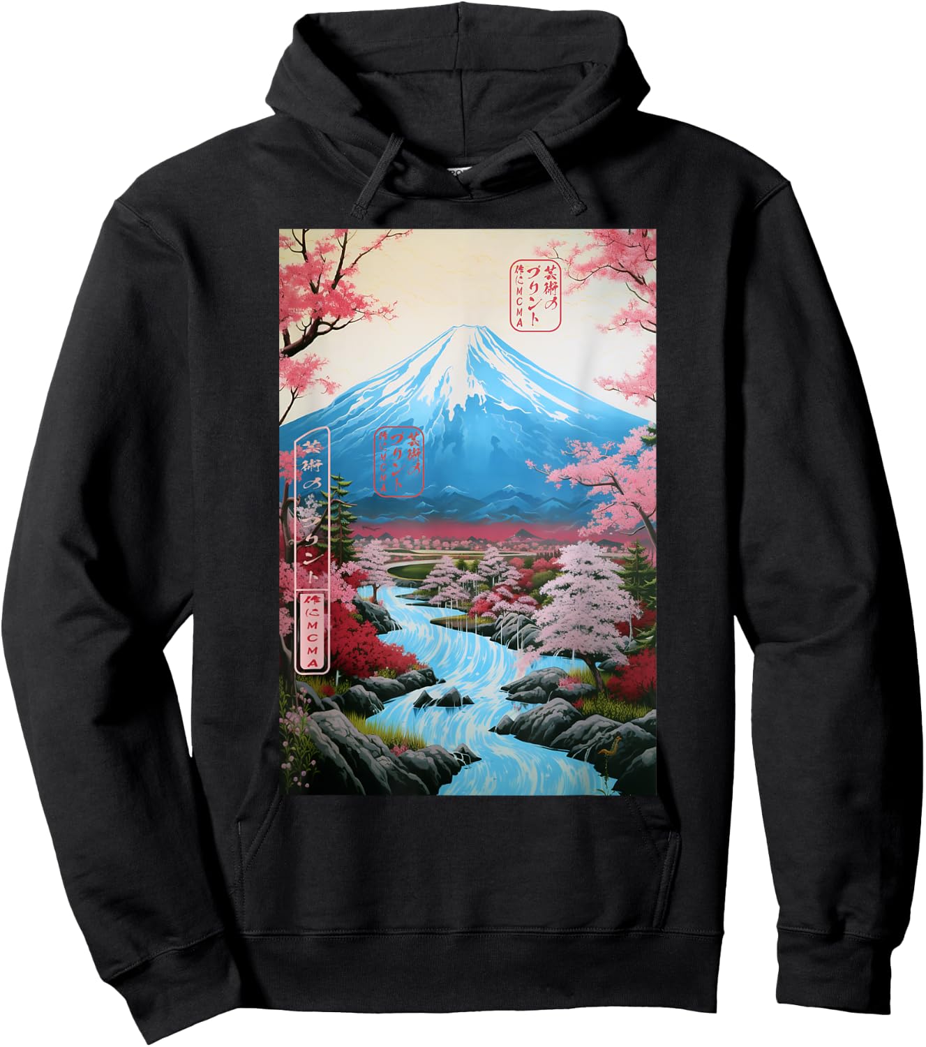 Ukiyo-e Cherry Blossom Mount Fuji Serenity Japanese Hoodie - Hoodie | Black
