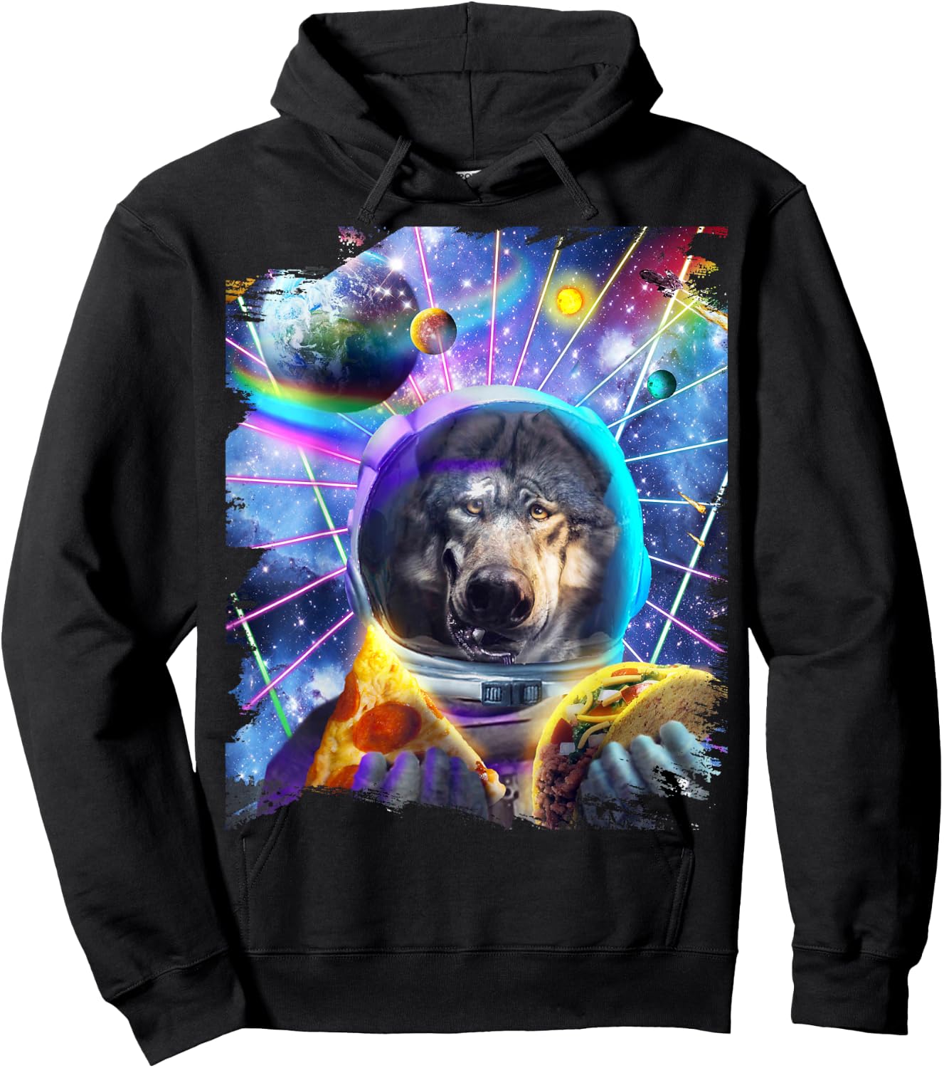 Wolf Astronaut In Space Eating Pizza Taco Hoodie - Hoodie | Black