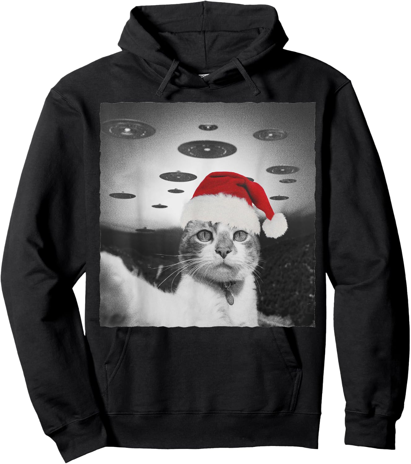 Funny Christmas Cat wear Santa Hat selfie with Alien UFO Men Women Kids Hoodie - Hoodie | Black