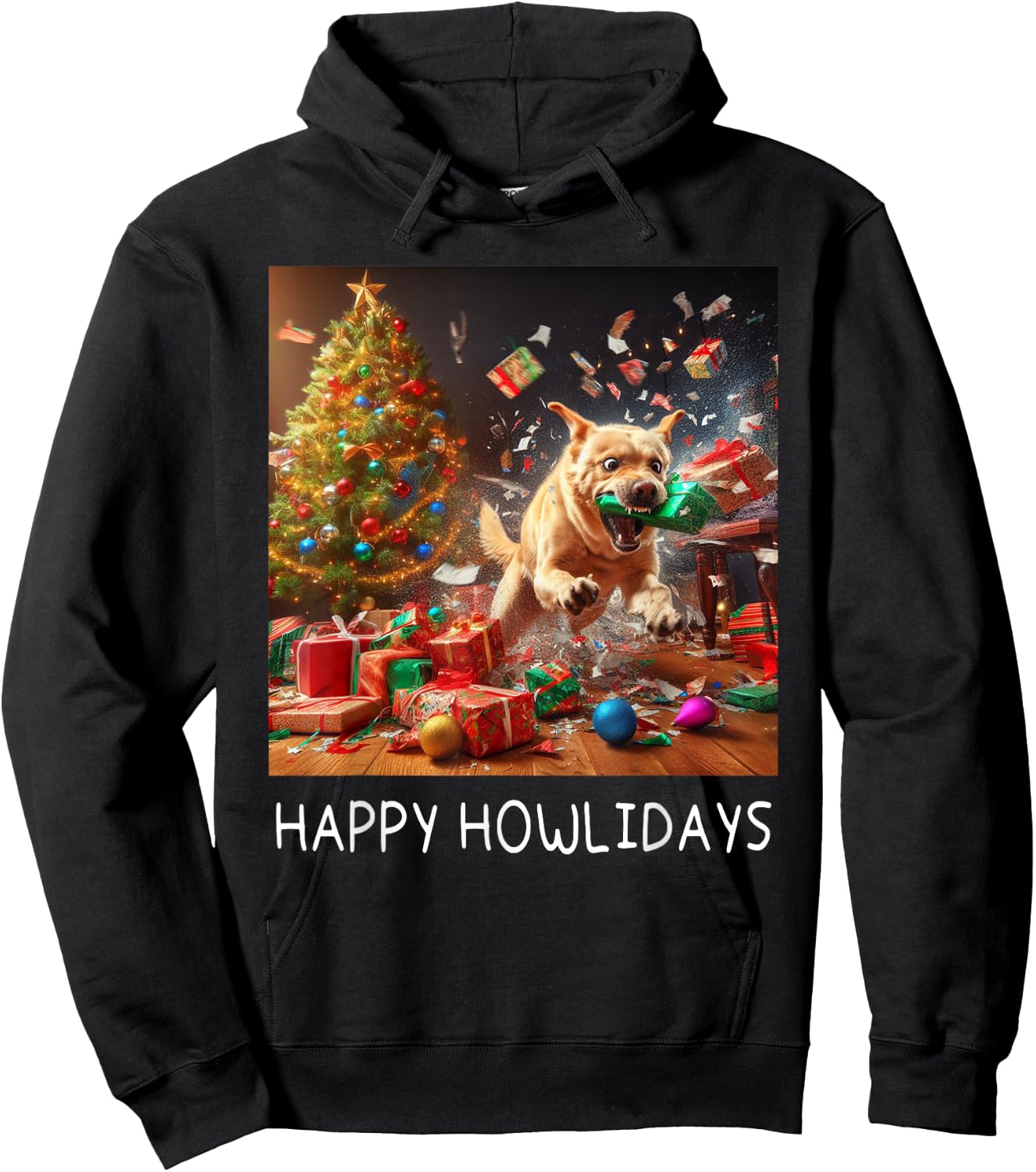 Funny Crazy Chaotic Dog Under The Tree Cute Happy Howlidays Hoodie - Hoodie | Black