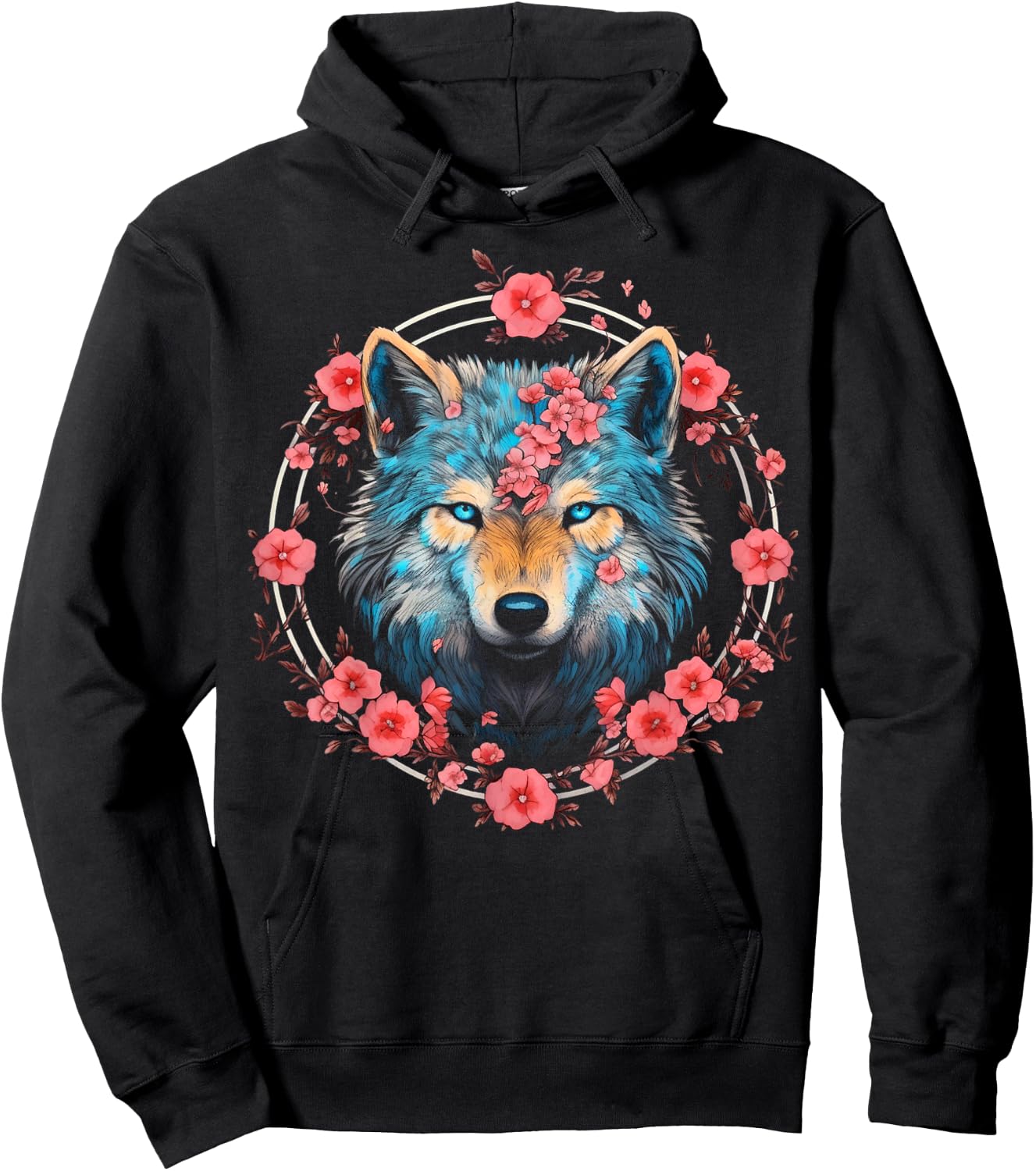 Wolf Blue Eyes Artwork | Cherry Blossoms Wolf Hoodie - Hoodie | Black