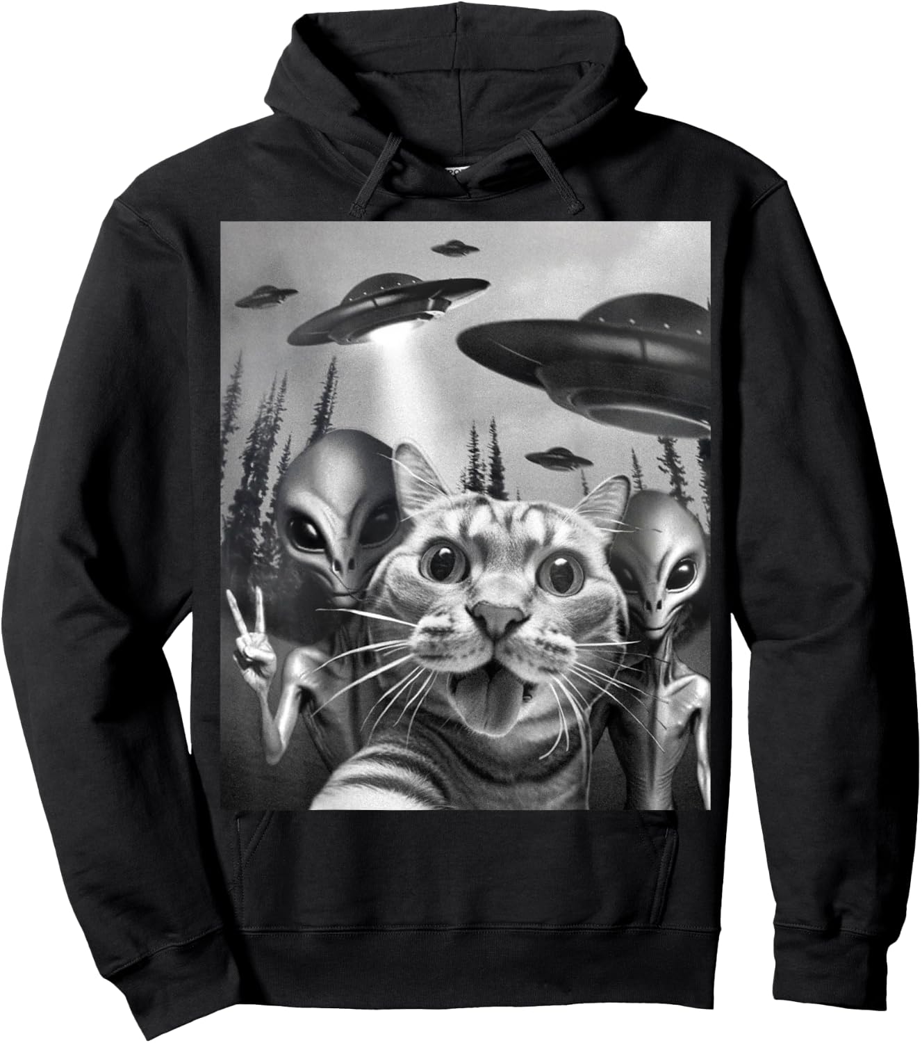 Funny Cat Selfie with UFOs Peace Sign Alien Cat UFO Invasion Hoodie - Hoodie | Black