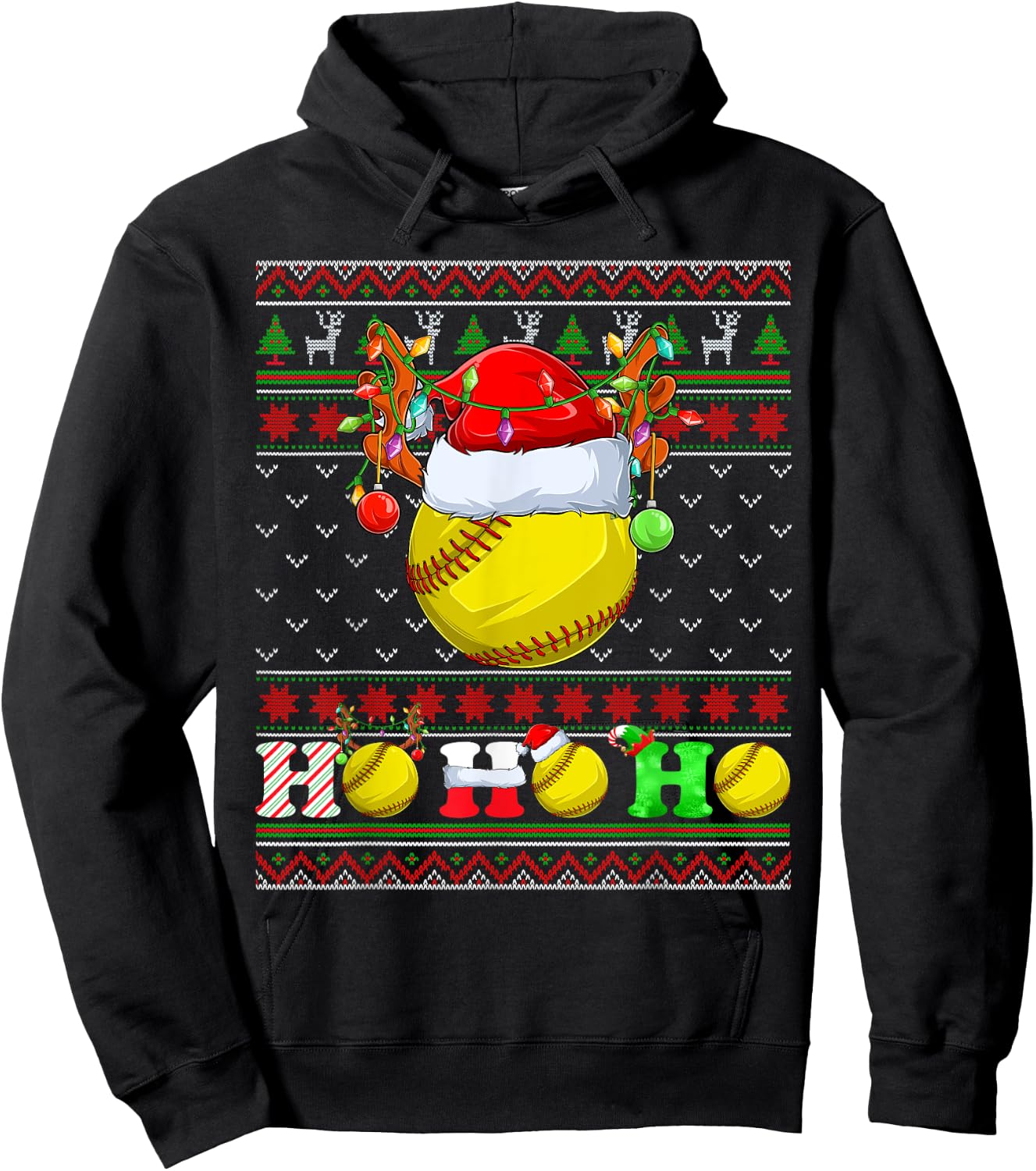 Funny Softball Ball Xmas Tree Lights Ugly Christmas Sweater Hoodie - Hoodie | Black