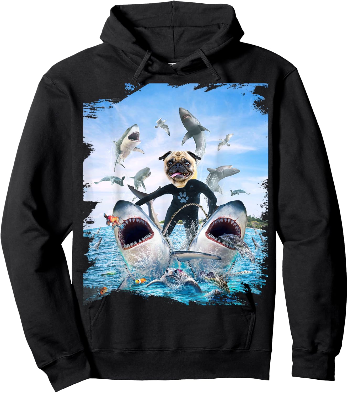 Dog Pug Riding Shark Sharks At Beach Ocean Funny Men Women Kids Hoodie - Hoodie | Black