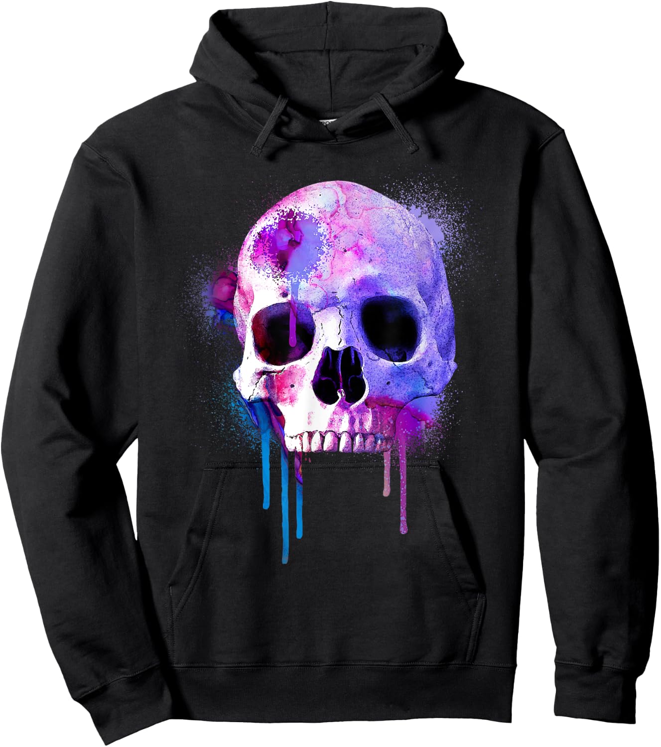 Colorful Human Skeleton Skull Watercolor with Paint Drips Hoodie - Hoodie | Black