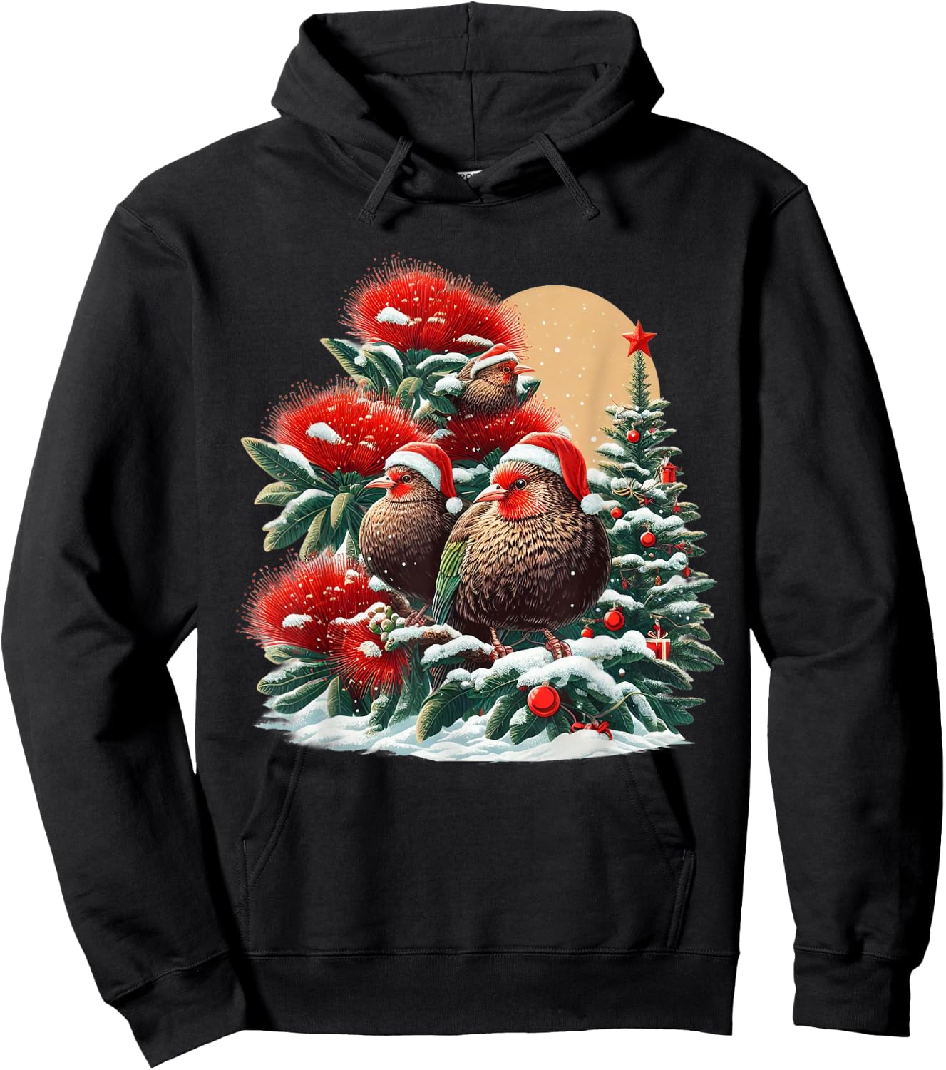 Christmas Pohutukawa Tree New Zealand Kiwi Birds Santa Hat Hoodie - Hoodie | Black