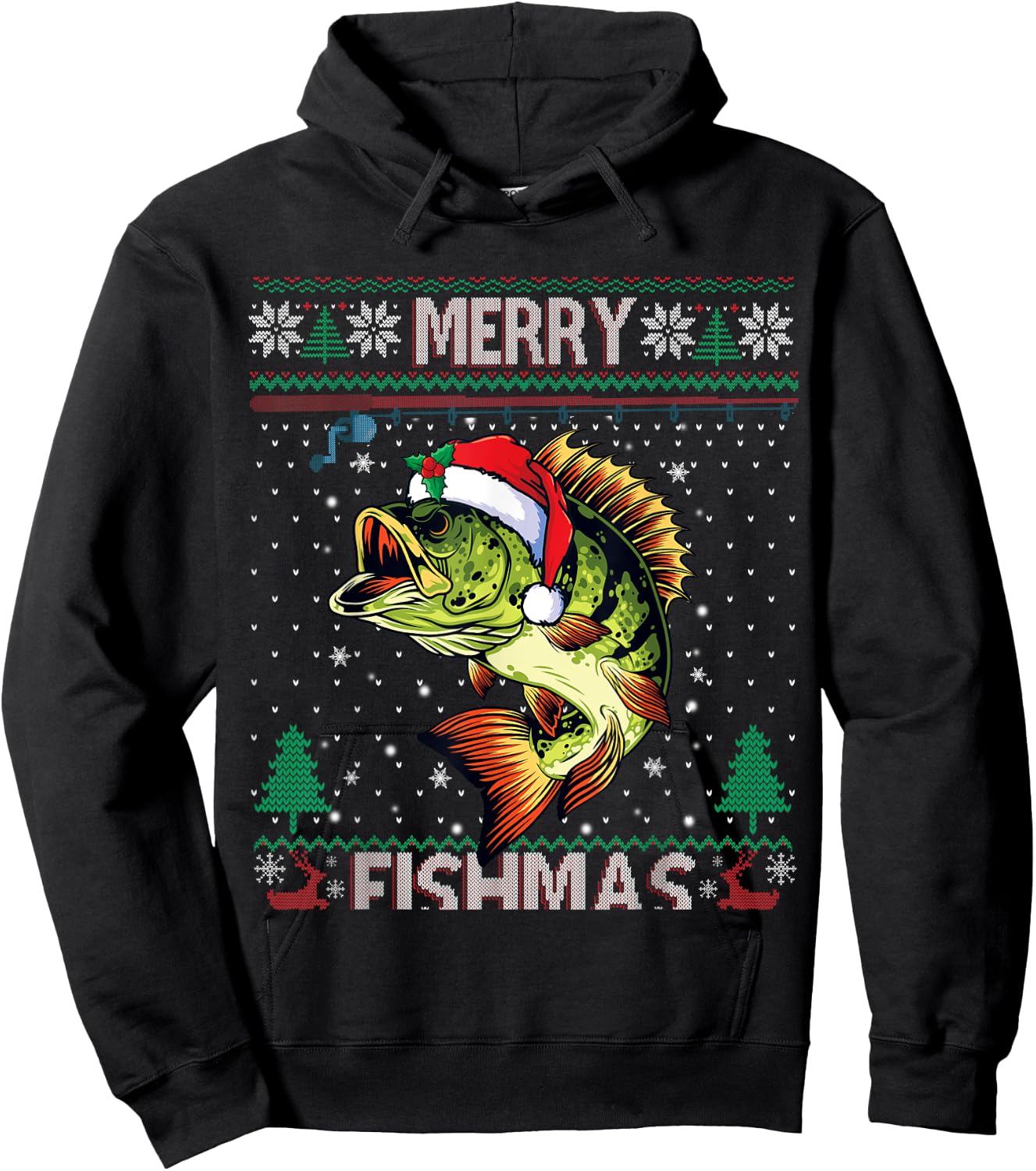 Merry Fishmas Bass Fish Fishing Christmas Ugly Sweater Xmas Hoodie - Hoodie | Black