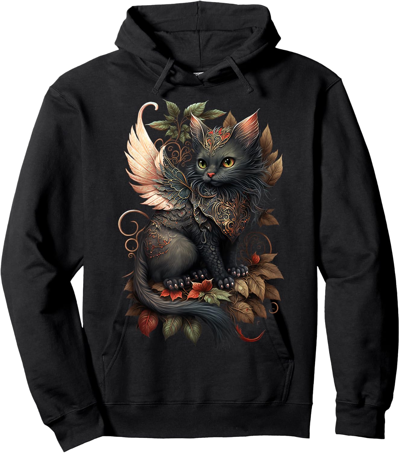 Mystical Black Cat Dragon Fairy: Copper Autumn Whimsy Men Women Girls Kids Hoodie - Hoodie | Black