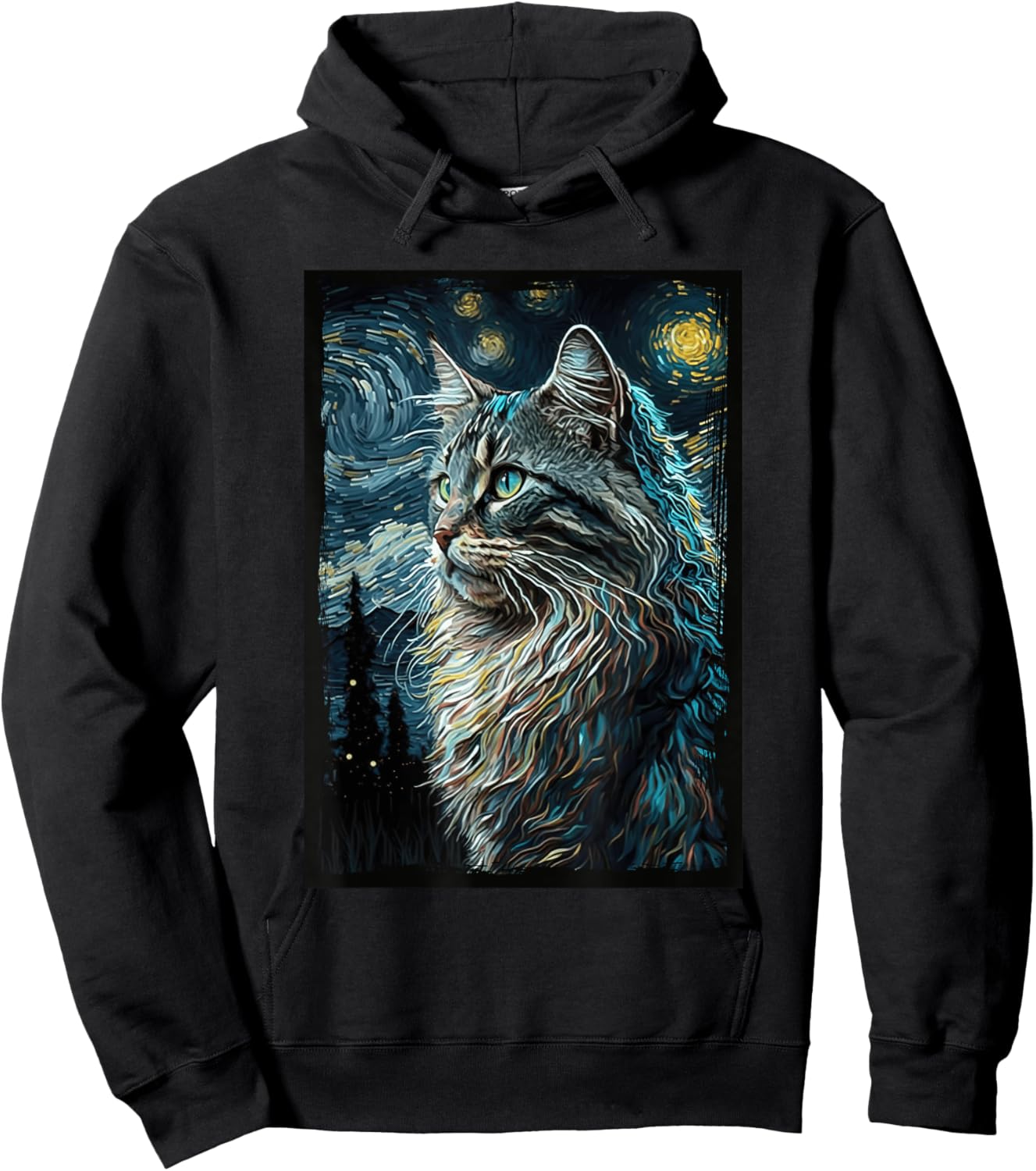 Maine Coon Cat Van Gogh's Starry Night Cat Lover Cat Mom Dad Hoodie - Hoodie | Black