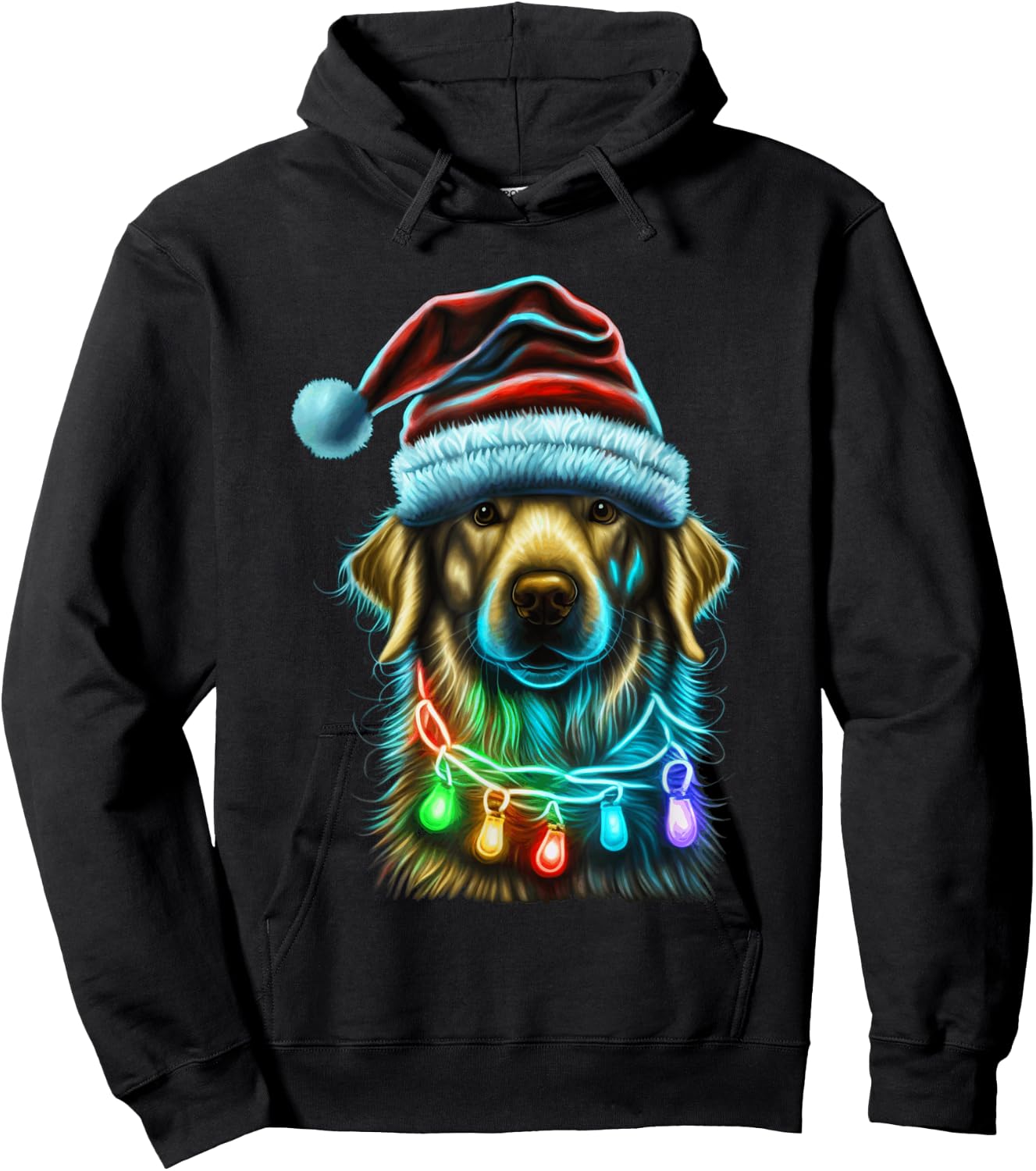 Golden Retriever Funny dog Christmas Santa Hat lights tree Men Women Kids Hoodie - Hoodie | Black