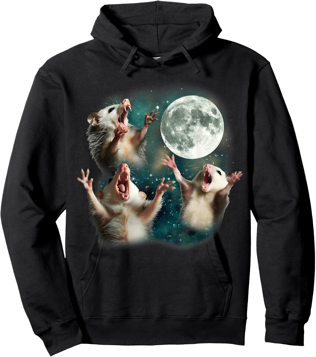 Three Possum Moon | 3 Opossum Funny Weird Cursed Meme Hoodie - Hoodie | Black