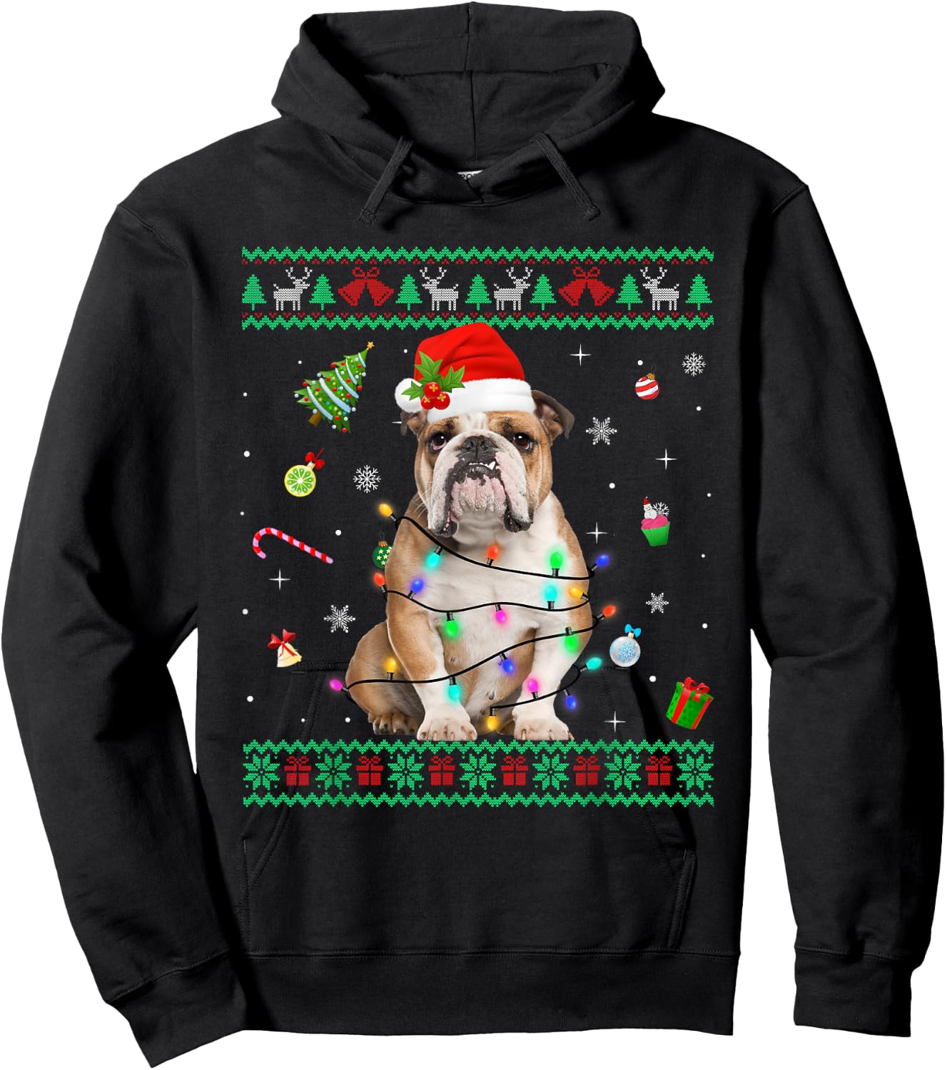 Ugly Sweater English Bulldog Dog Christmas Lights Santa Hat Women Kids Hoodie - Hoodie | Black