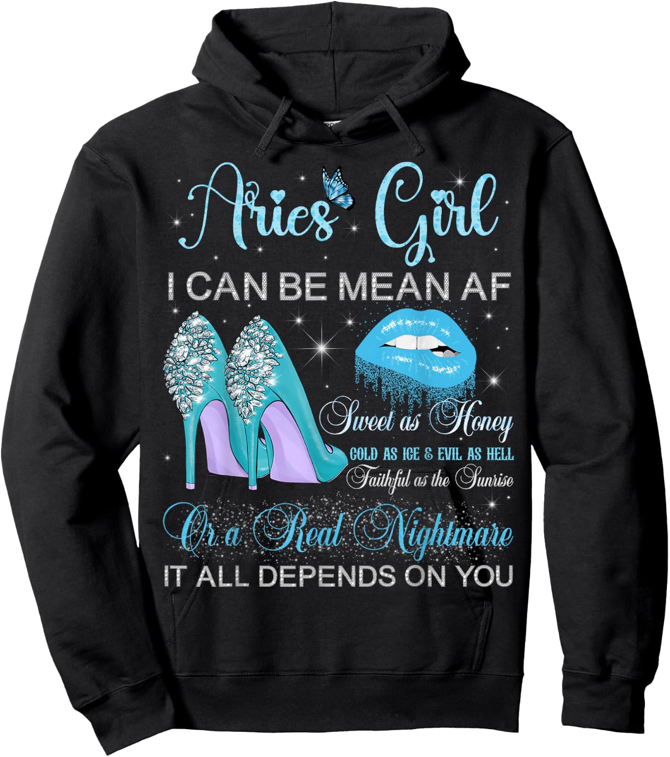Aries Girl Birthday High Heels Dripping Lips Butterfly Hoodie - Hoodie | Black