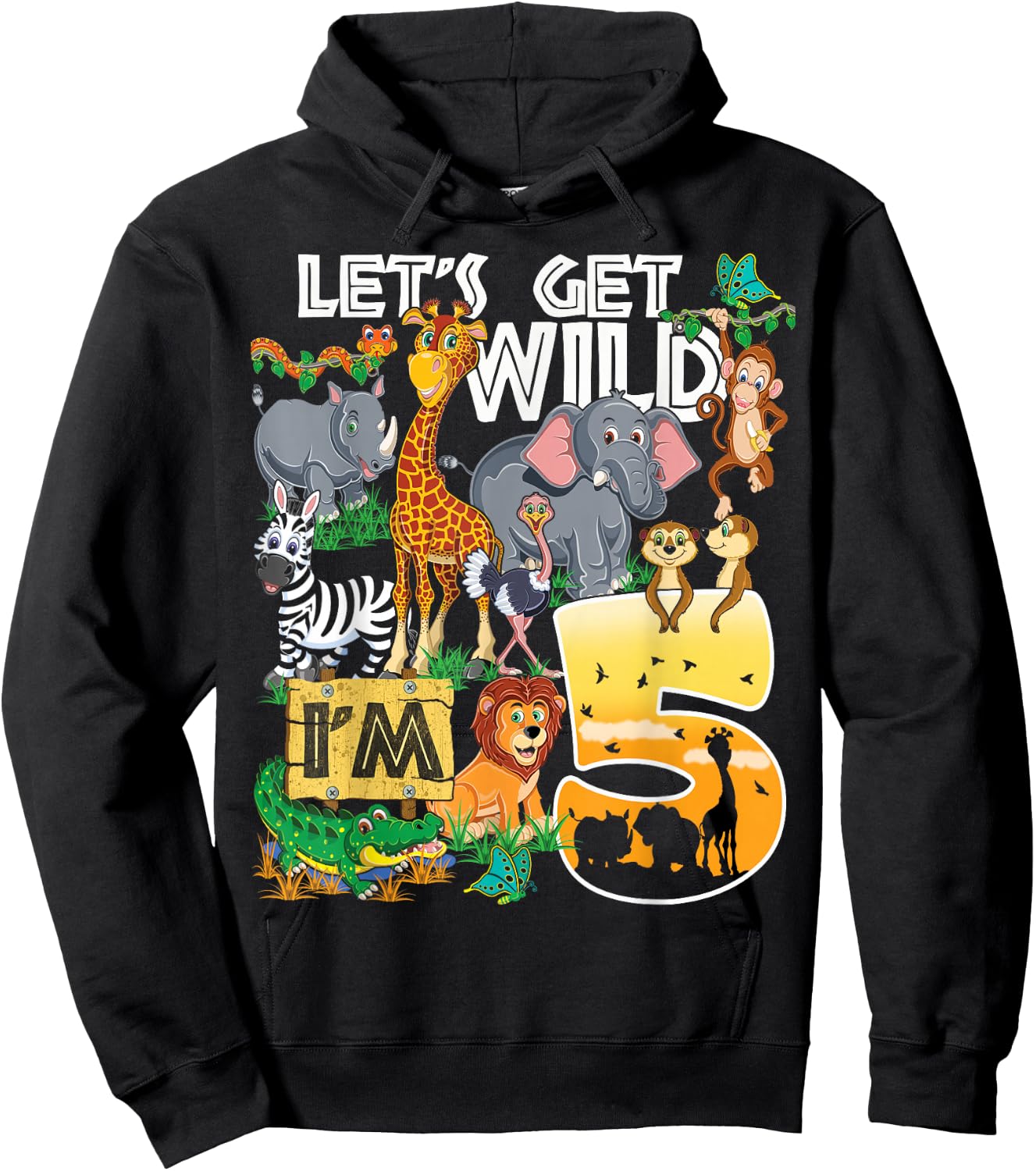 Kids Safari Zoo 5th Birthday Party Let's Get Wild I'm 5 Hoodie - Hoodie | Black