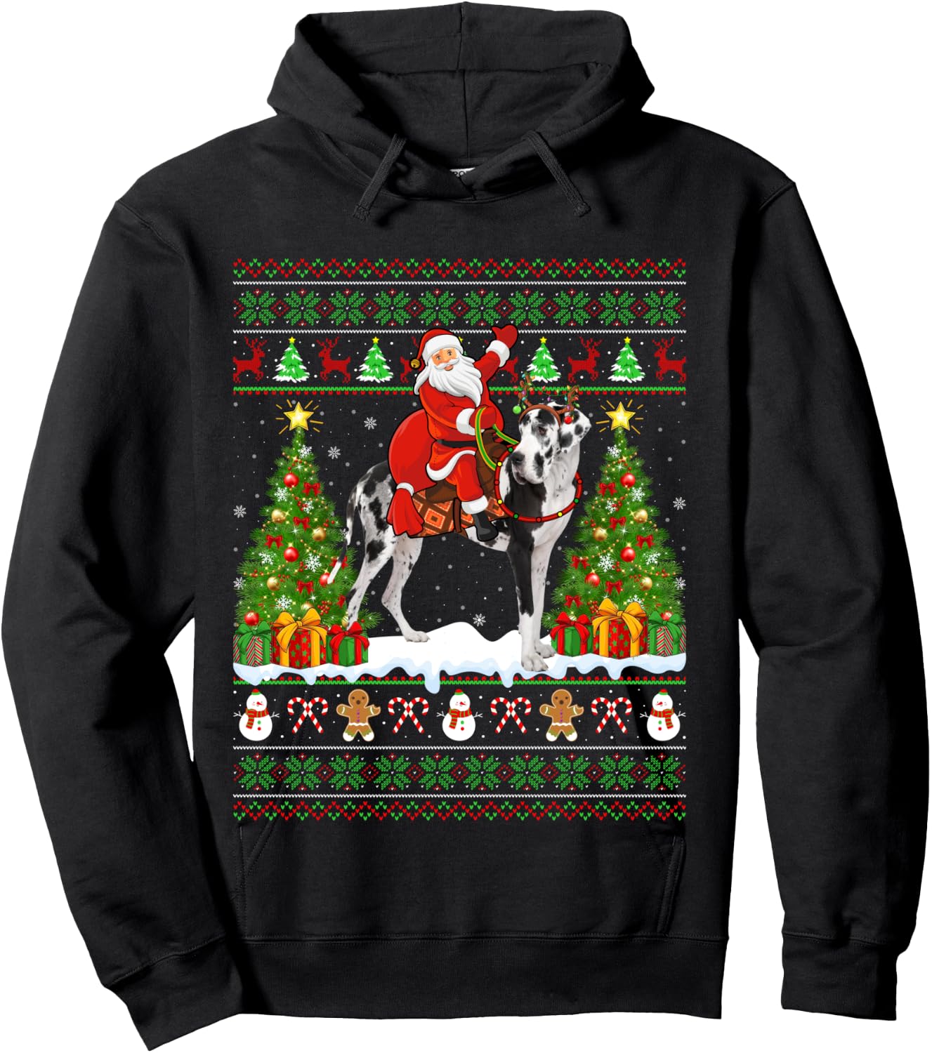 Xmas Sweater Ugly Santa Riding Great Dane Dog Christmas Hoodie - Hoodie | Black