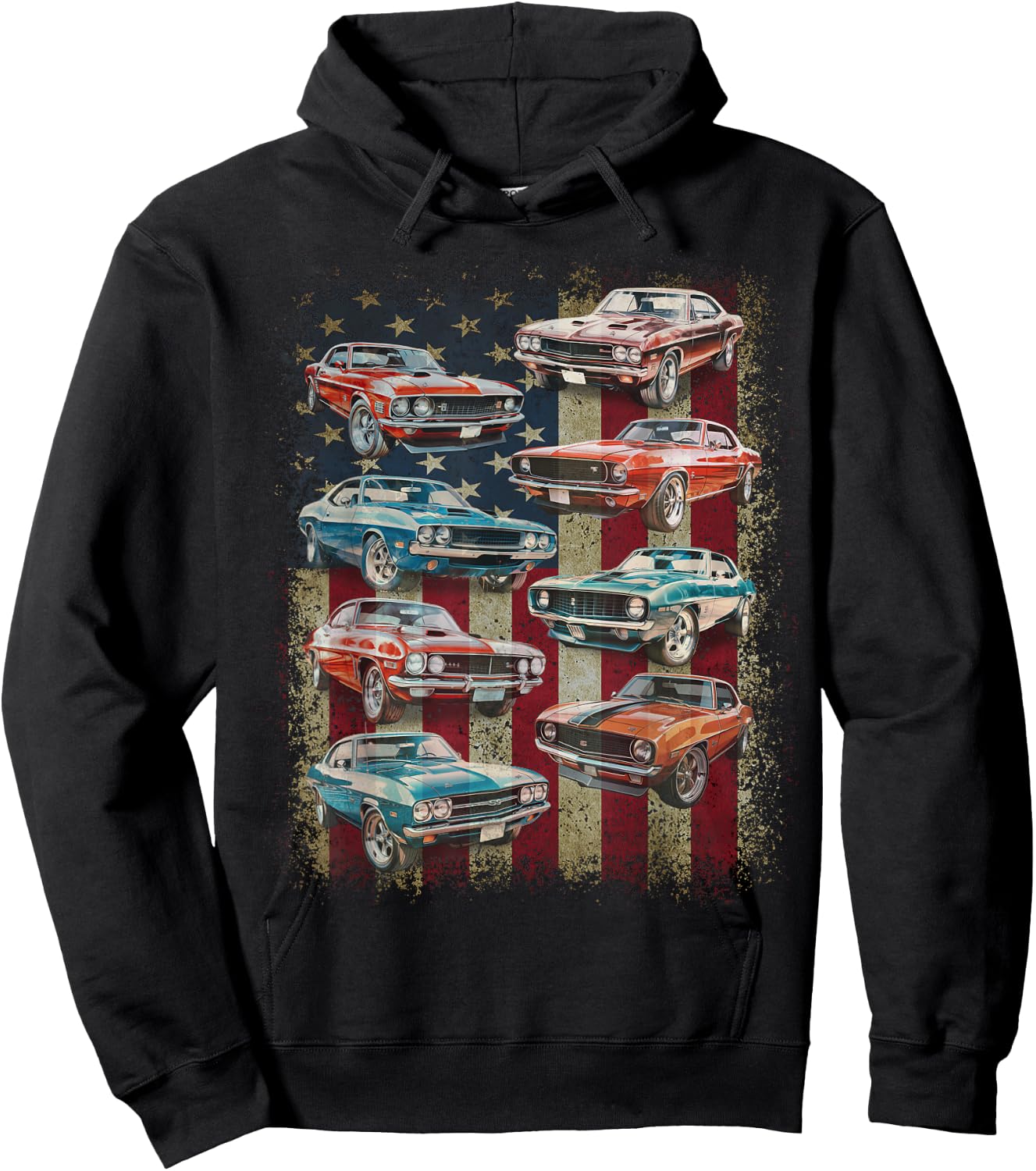 Classic Muscle Car Retro American Flag Patriotic Vintage Hoodie - Hoodie | Black