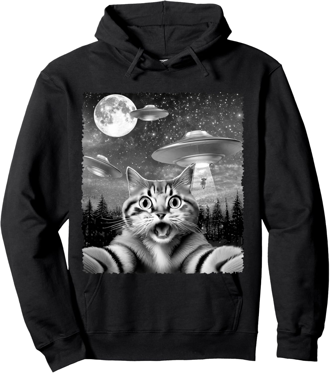 Funny Alien Cat Selfie with UFOs Gift Men Women Kids Hoodie - Hoodie | Black