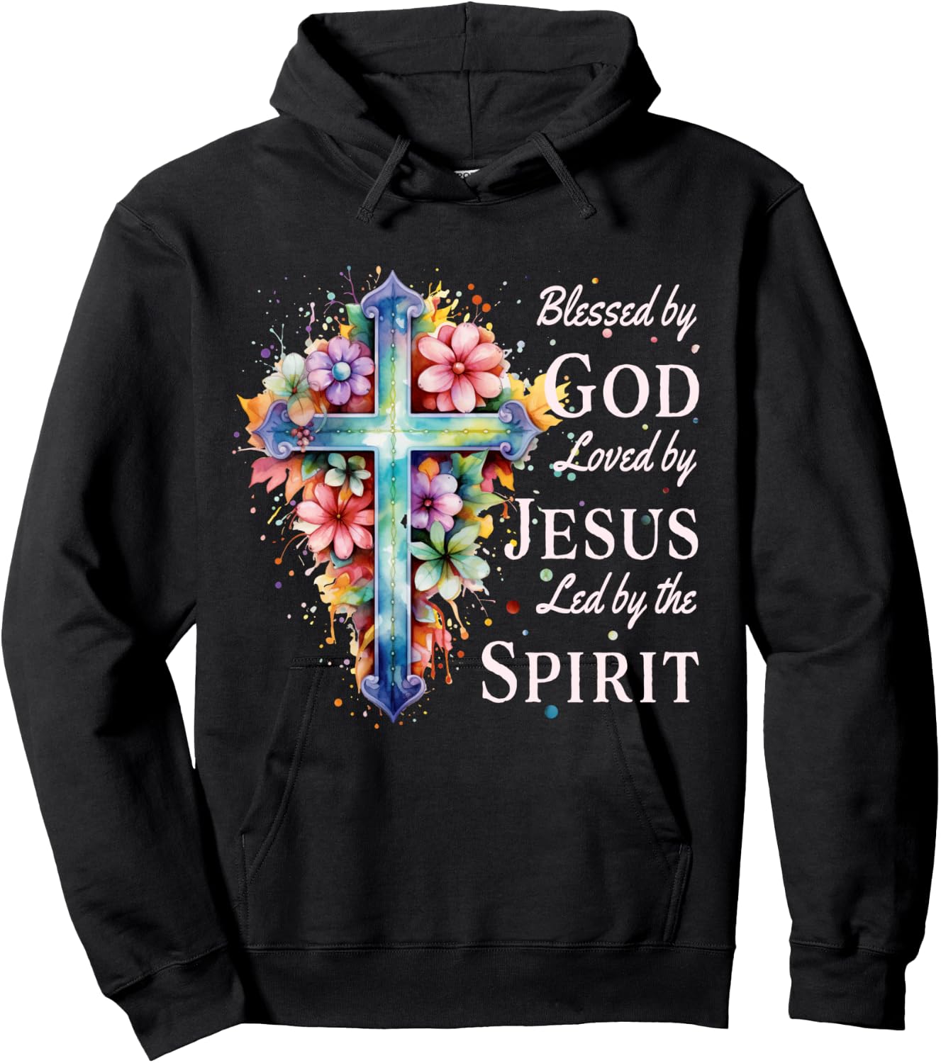 Blessed by God Loved by Jesus Floral Cross Christian Hoodie - Hoodie | Black