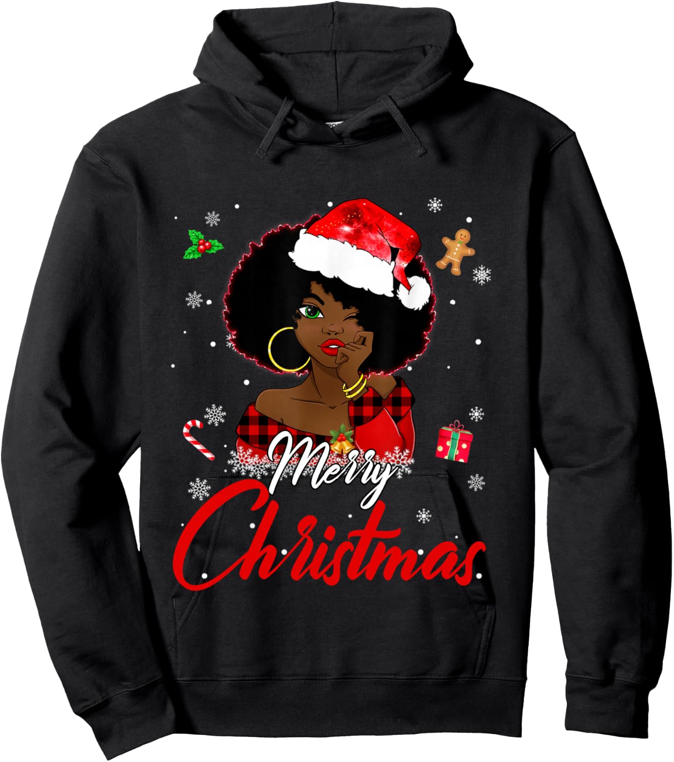 Black African Girl American Melanin Christmas Santa Hat Xmas Hoodie - Hoodie | Black