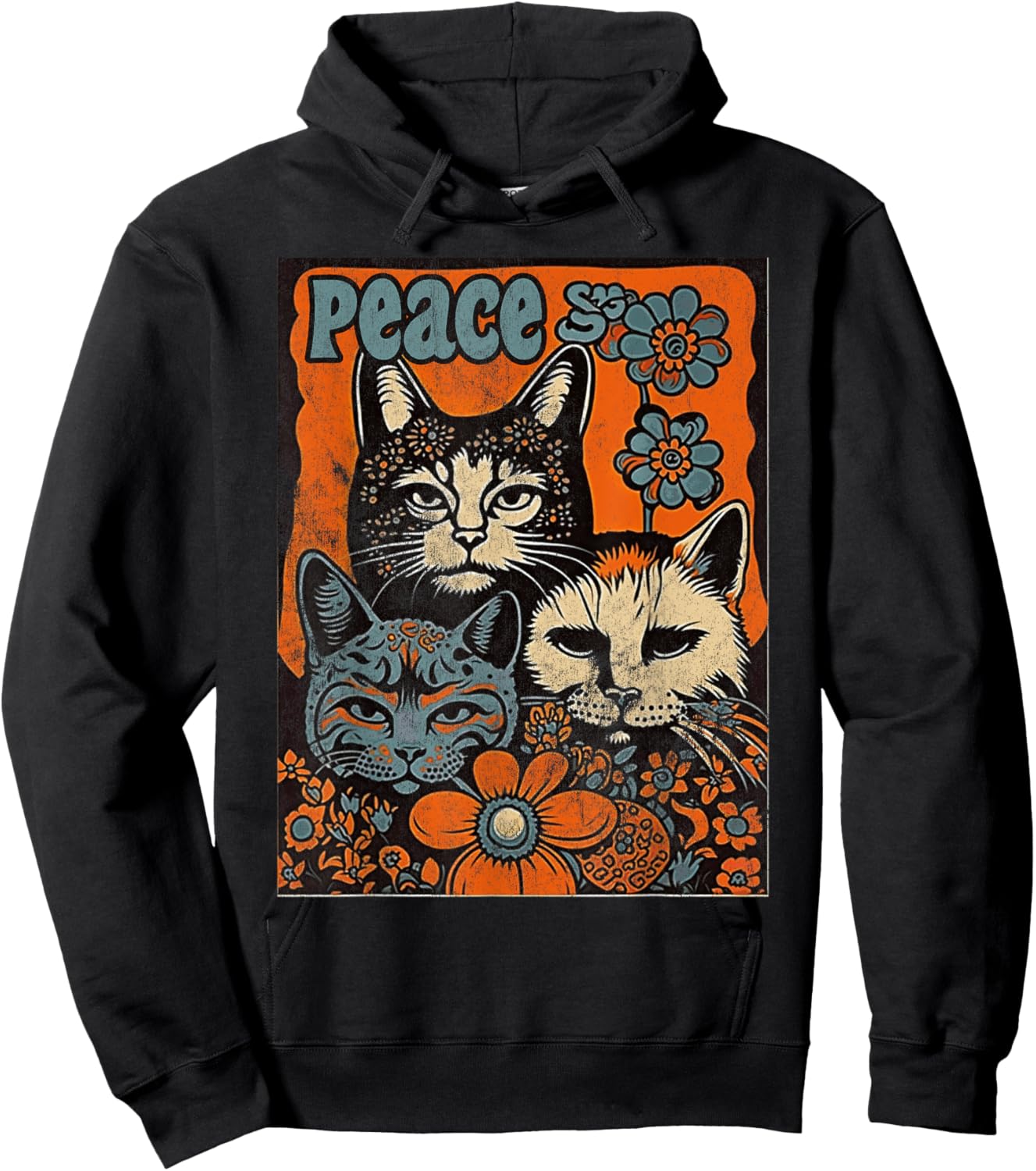Cat Funny 60s 70s Hippie Vintage Flowers Groovy Psychedelic Men Women Hoodie - Hoodie | Black