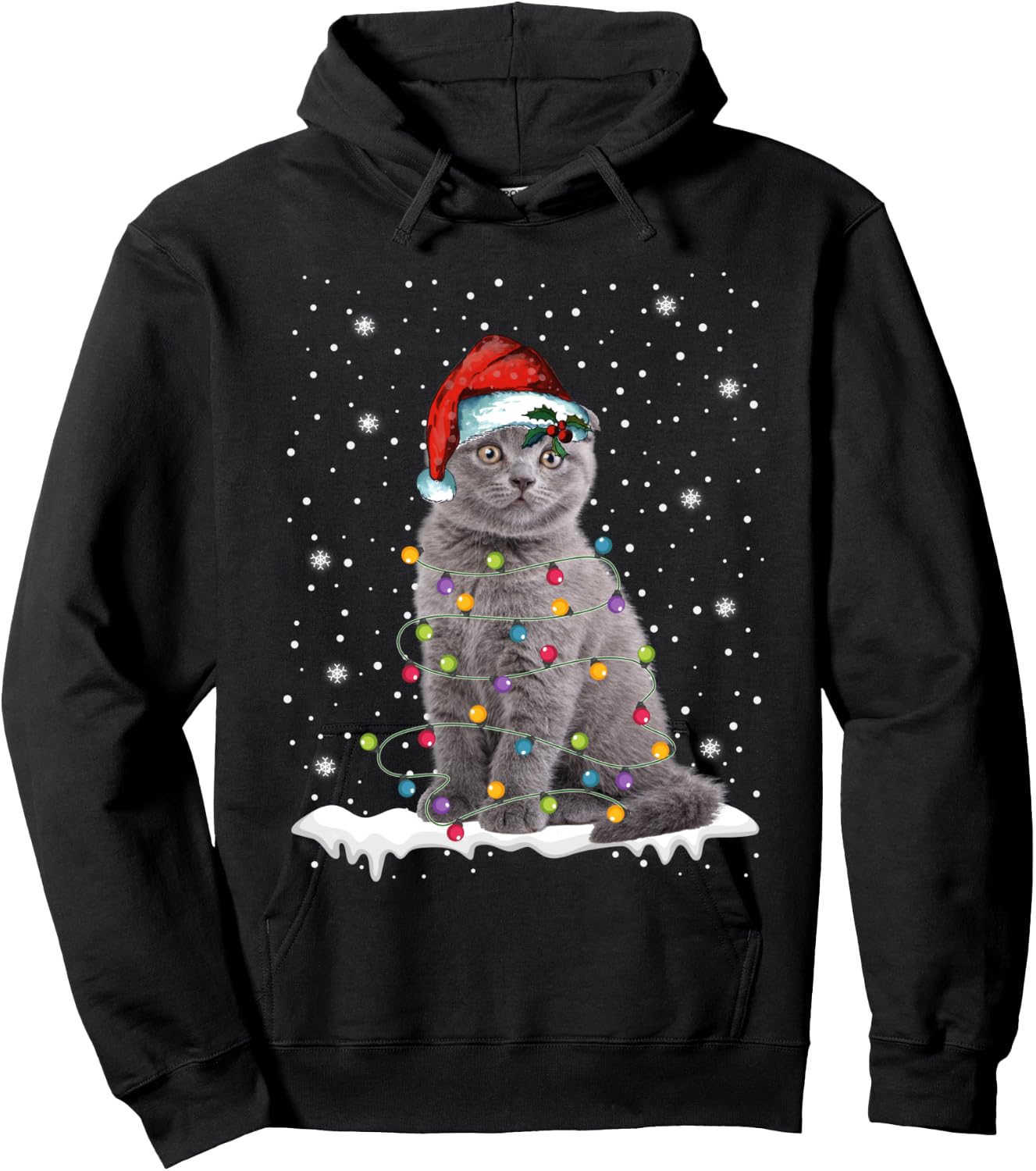 Scottish Fold Cat Funny Christmas Lights Sweater Xmas Kitten Hoodie - Hoodie | Black
