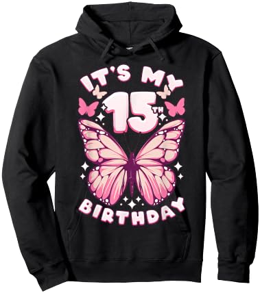 15th Birthday Girl 15 Years Old Butterflies and Number Hoodie - Hoodie | Black