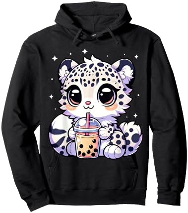 Kawaii Anime Snow Leopard Boba Bubble Tea Lover Hoodie - Hoodie | Black