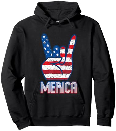 Merica Rock Sign 4th of July Vintage American Flag Retro USA Women Kids Men Hoodie - Hoodie | Black