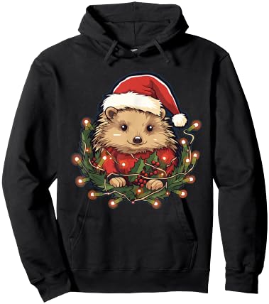 Cute Hedgehog Christmas Lights Santa Hat Xmas Pajama Hoodie - Hoodie | Black