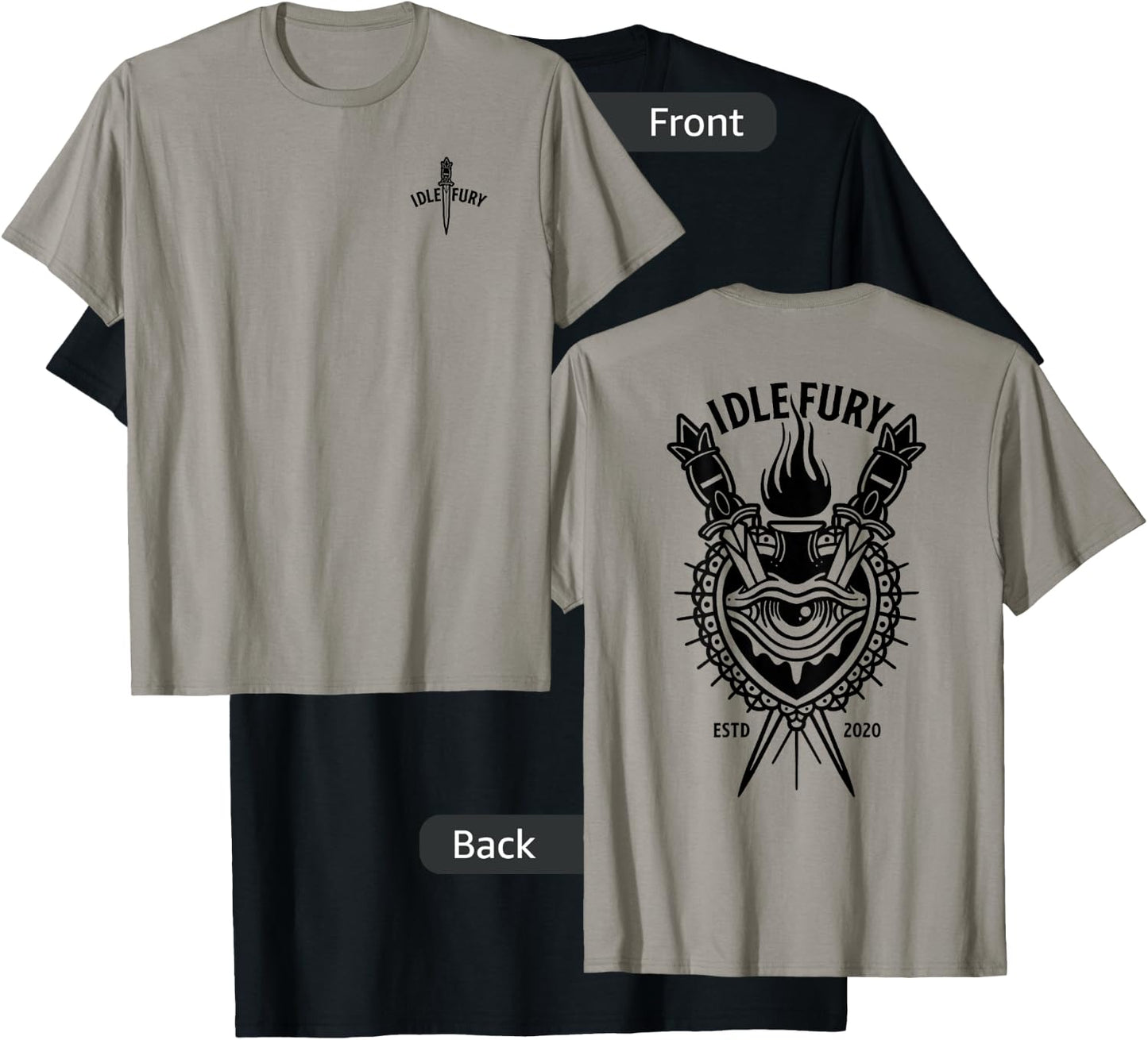 VIEW BACK PRINT Idle Fury Sacred Heart Swords Daggers Tattoo T-Shirt - T-Shirt | Black