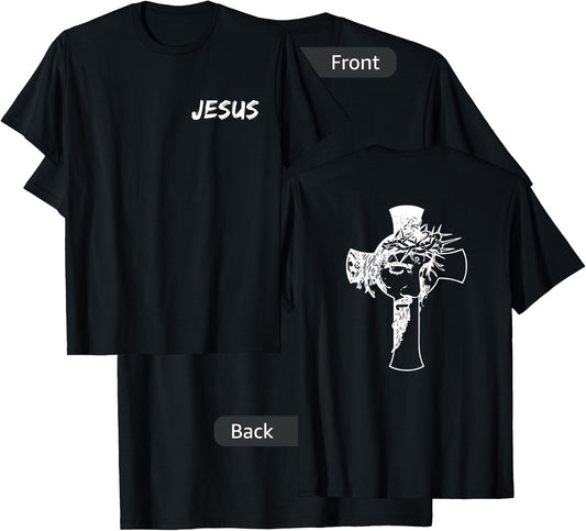 Jesus with Picture of Cross on Back Front and Back Design T-Shirt - T-Shirt | Black