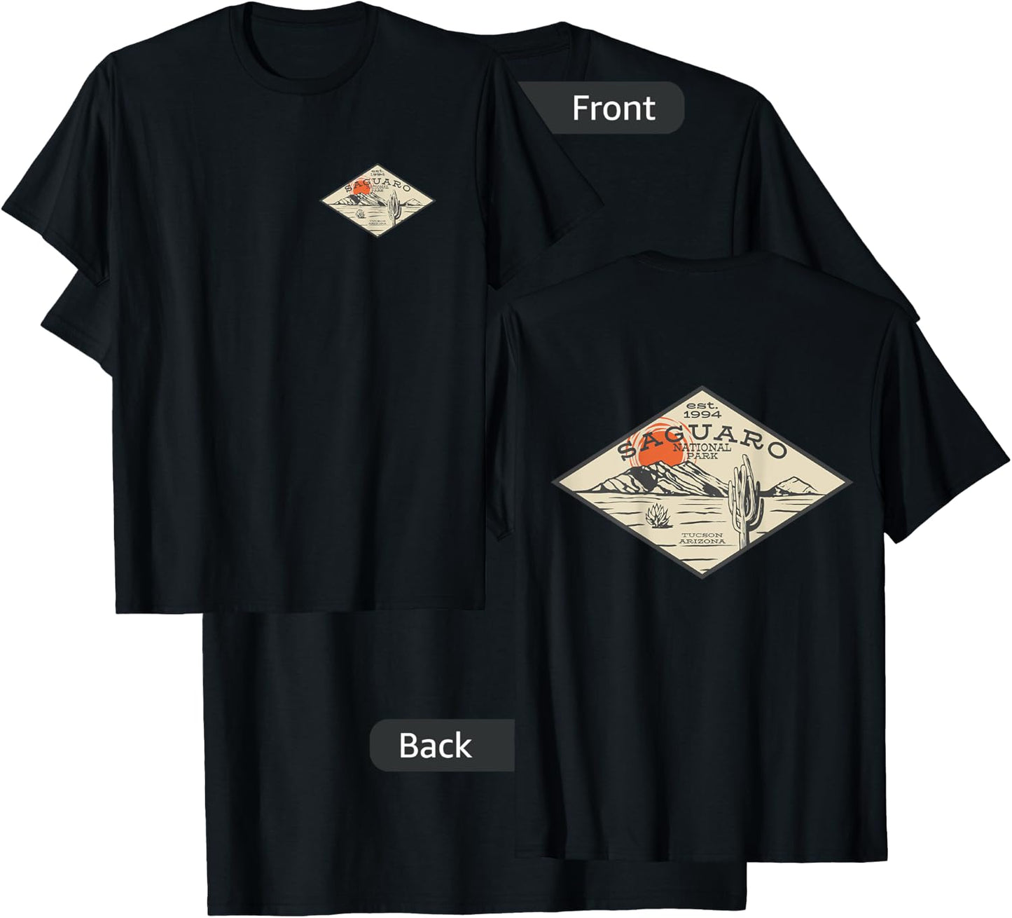 (2 Sided Print) Saguaro National Park Souvenir Cactus Art T-Shirt - T-Shirt | Black