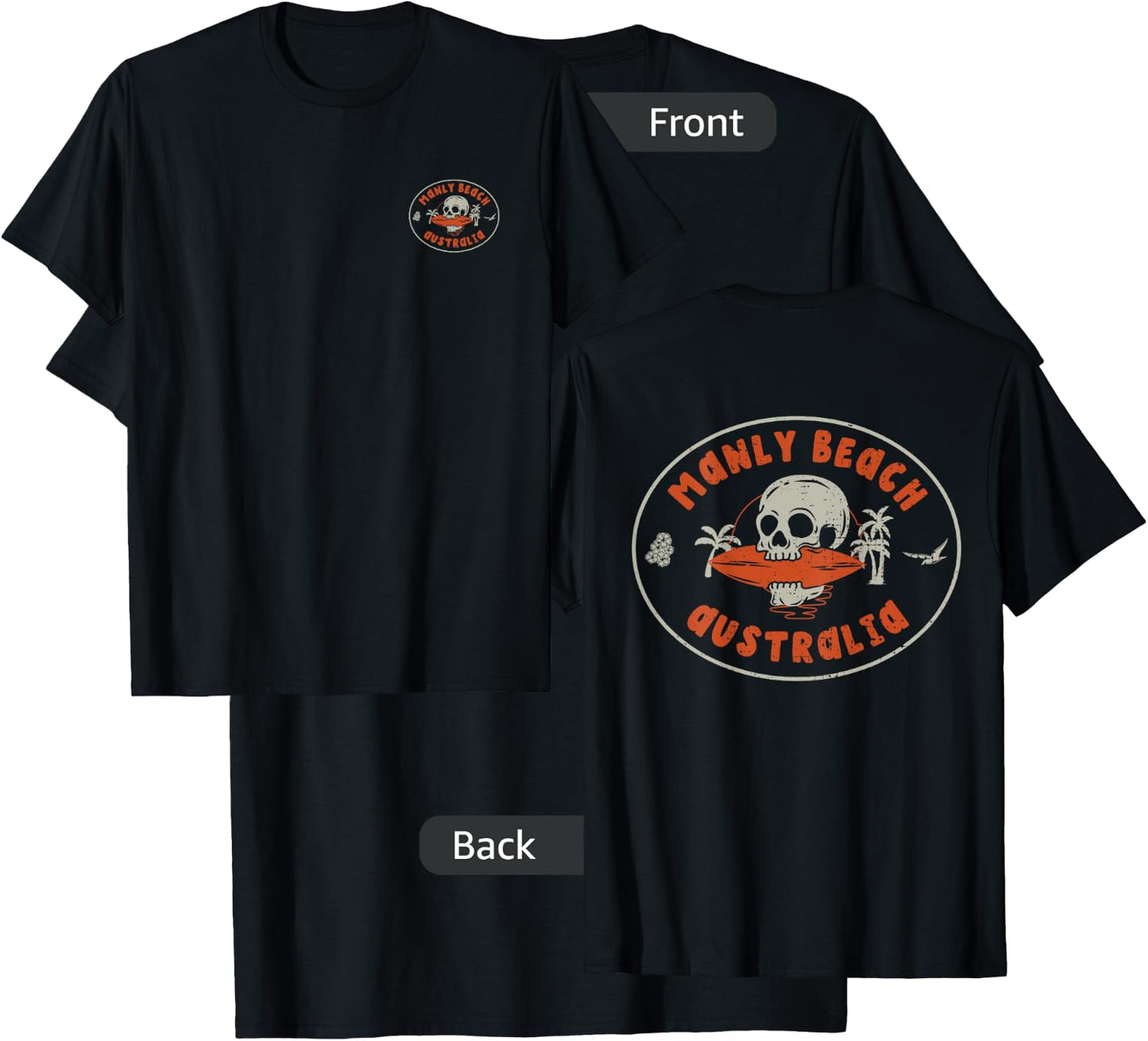 Manly Beach Australia Retro Surfer Beach Front & Back T-Shirt - T-Shirt | Black