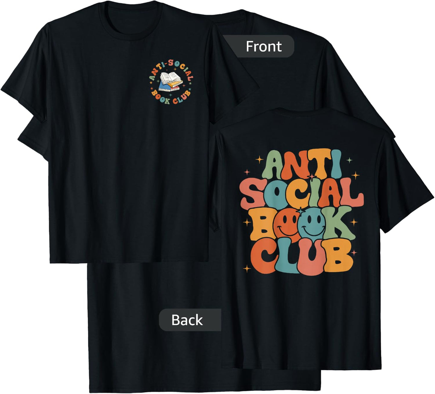 Anti-Social Book Club, Retro Introvert Reader (Front & Back) T-Shirt - T-Shirt | Black