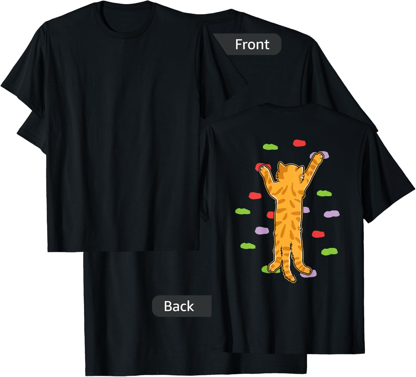 Funny Cute Bouldering Rock Climbing Cat (print on back) Women Girls Kids T-Shirt - T-Shirt | Black