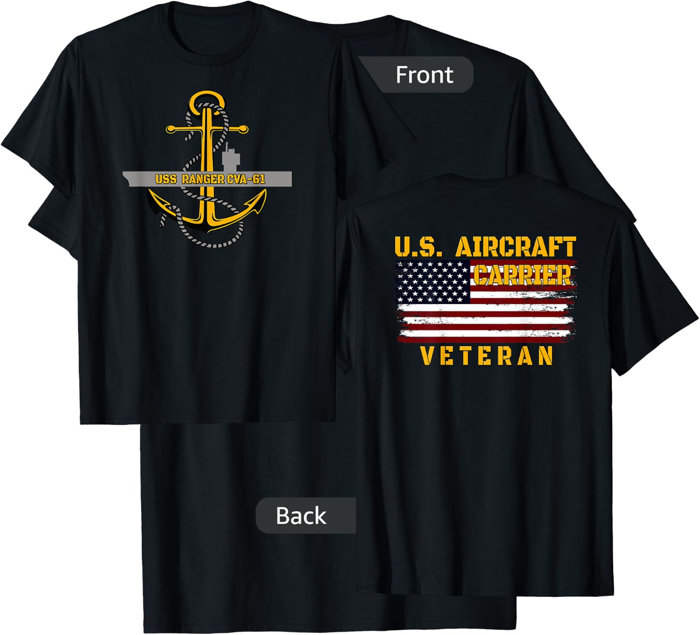 Aircraft Carrier USS Ranger CVA-61 Veteran Father Front&Back T-Shirt - T-Shirt | Black