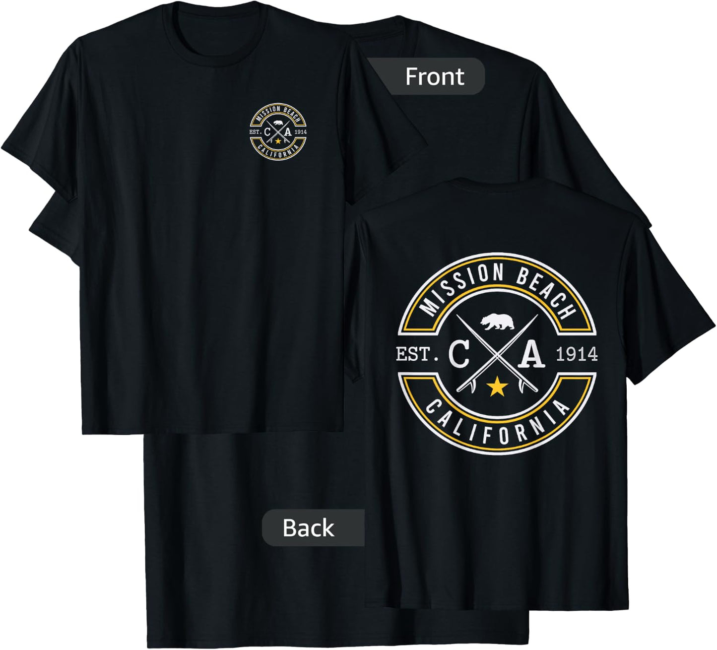 Mission Beach California CA Retro Surfer Beach Front & Back Men Women T-Shirt - T-Shirt | Black