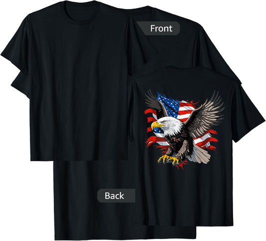 Patriotic American Bald Eagle and USA American Flag on back T-Shirt - T-Shirt | Black