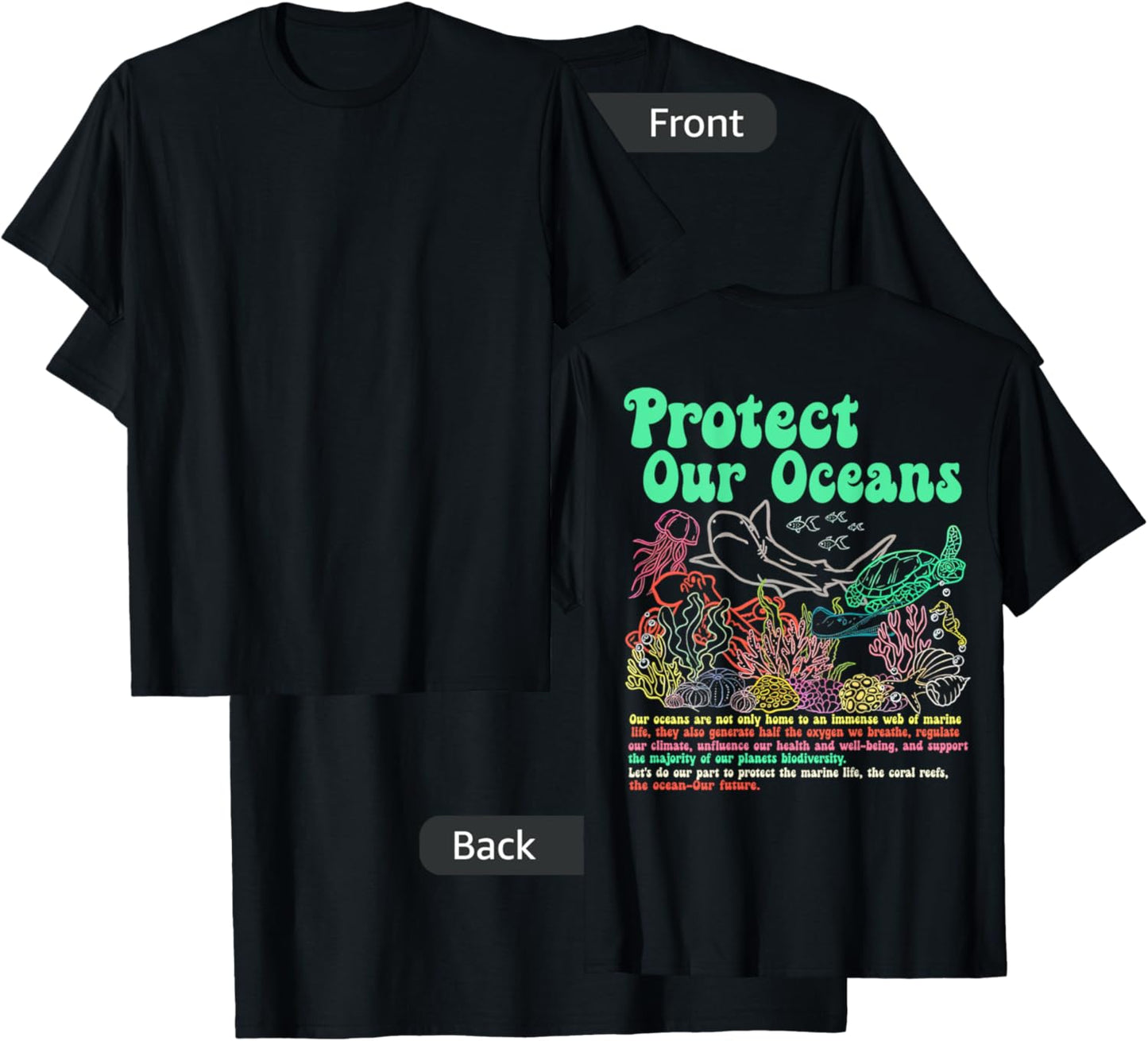 Respect The Locals, Protect Our Oceans Shark Surfing (Back) T-Shirt - T-Shirt | Black