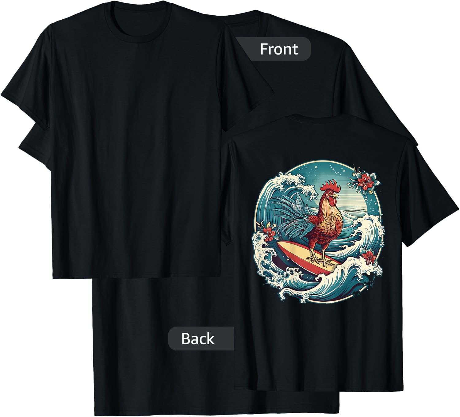 Rooster Surfer Chicken Surfing Kauai Hawaiian Surf Chick T-Shirt - T-Shirt | Black