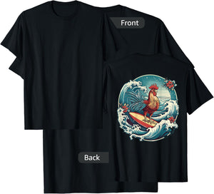 Rooster Surfer Chicken Surfing Kauai Hawaiian Surf Chick T-Shirt - T-Shirt | Black