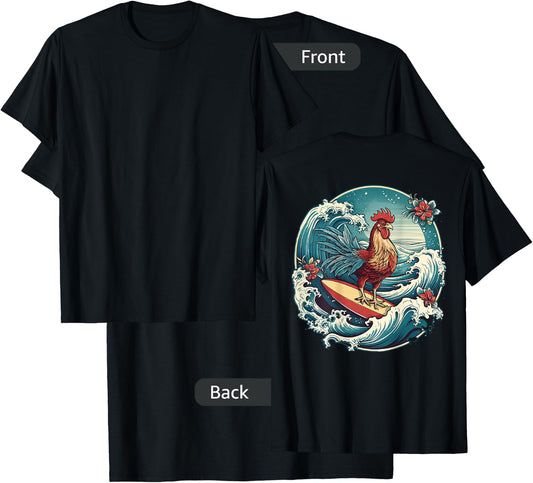 Rooster Surfer Chicken Surfing Kauai Hawaiian Surf Chick T-Shirt - T-Shirt | Black