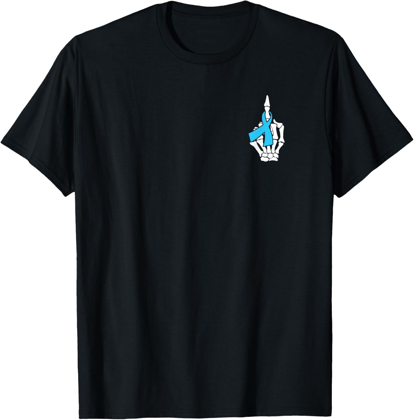 Fuck Prostate Cancer Skeleton Middle Finger Blue Ribbon T-Shirt - T-Shirt | Black